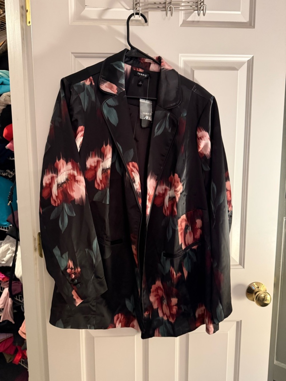 torrid Black Satin Blazer with Pink Floral Print